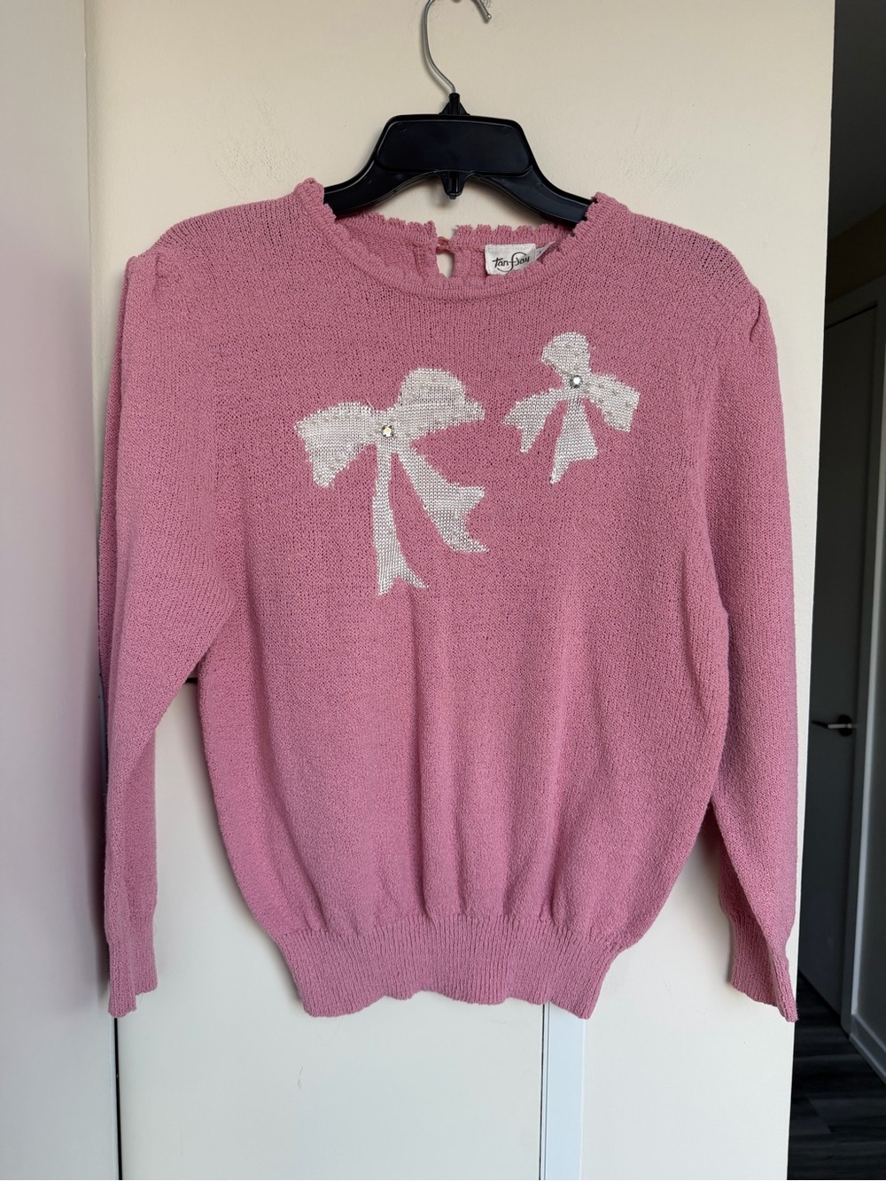 TanJay Vintage Pink Bow Knit Sweater Coquette Pearl Cottagecore Sz L AS IS - Picture 2 of 13